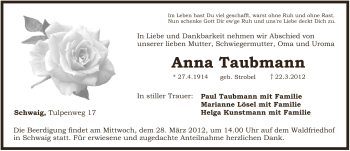 Traueranzeige von Anna Taubmann von Pegnitz-Zeitung
